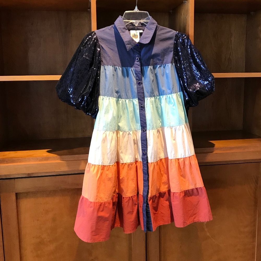 QUEEN OF HEARTS COLOR BLOCK STRIPE SEQUIN PUFF SLEEVE DRESS - Picture 11 of 11